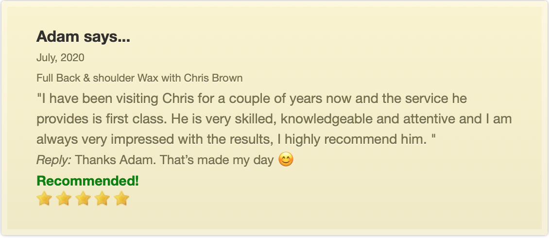 review of waxing and sugaring services at Chris Brown Therapies